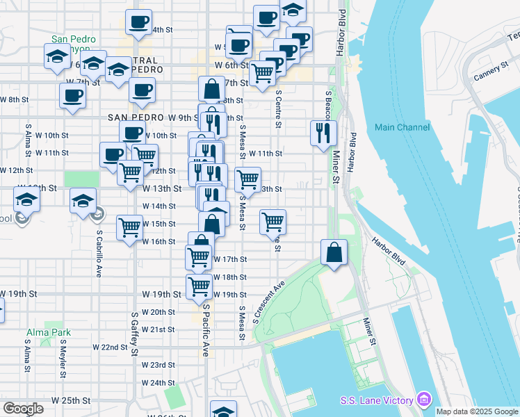 map of restaurants, bars, coffee shops, grocery stores, and more near 1325 South Centre Street in Los Angeles