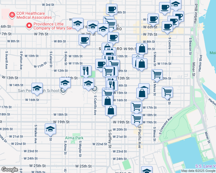map of restaurants, bars, coffee shops, grocery stores, and more near 721 West 13th Street in Los Angeles