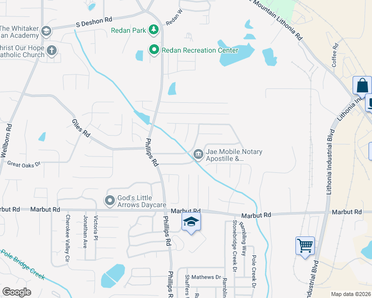 map of restaurants, bars, coffee shops, grocery stores, and more near 1971 Longwood Court in Lithonia