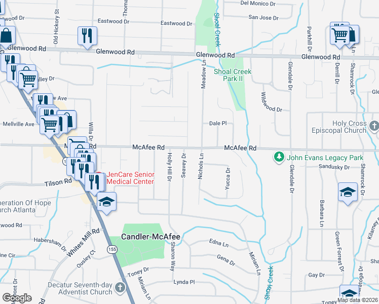 map of restaurants, bars, coffee shops, grocery stores, and more near 2896 McAfee Road in Decatur