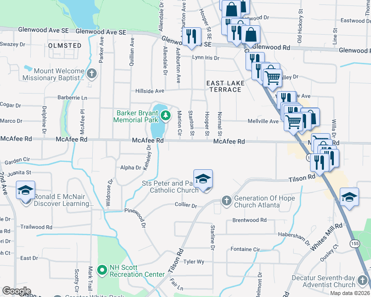 map of restaurants, bars, coffee shops, grocery stores, and more near in Candler-McAfee