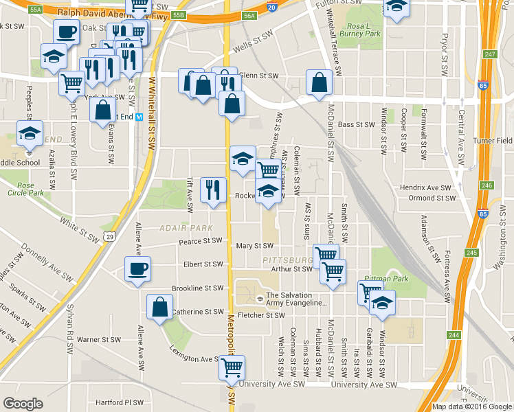 map of restaurants, bars, coffee shops, grocery stores, and more near 575 Rockwell Street Southwest in Atlanta
