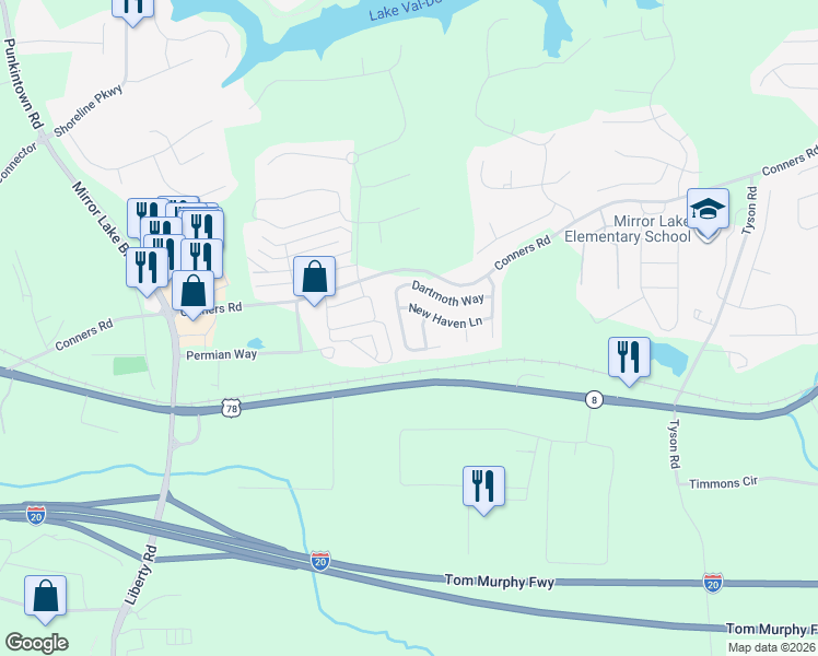 map of restaurants, bars, coffee shops, grocery stores, and more near 2055 Dartmoth Way in Villa Rica