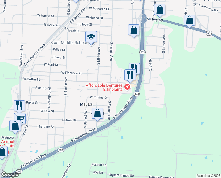 map of restaurants, bars, coffee shops, grocery stores, and more near 504 West Coffin Street in Denison