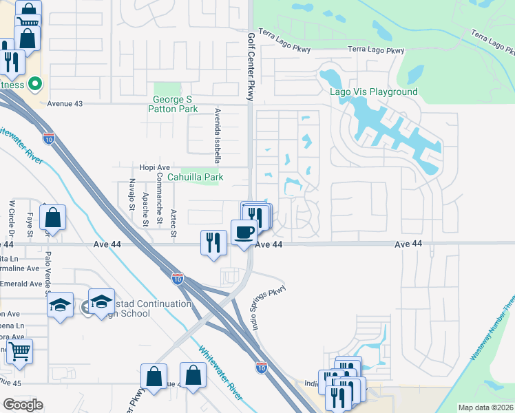 map of restaurants, bars, coffee shops, grocery stores, and more near 84136 Avenue 44 in Indio