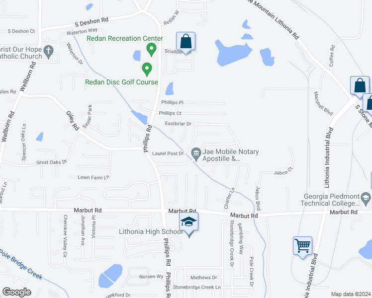 map of restaurants, bars, coffee shops, grocery stores, and more near 6356 Laurel Post Drive in Lithonia