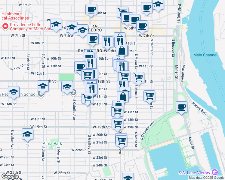 map of restaurants, bars, coffee shops, grocery stores, and more near 559 West 14th Street in San Pedro