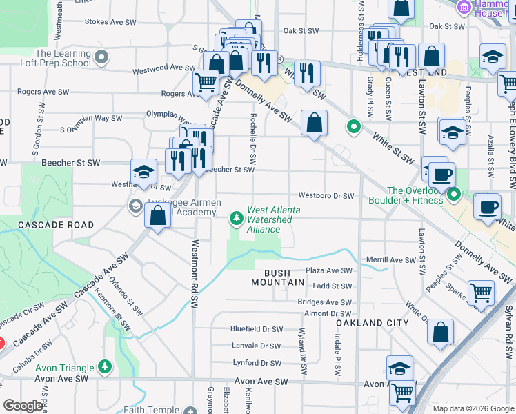 map of restaurants, bars, coffee shops, grocery stores, and more near 1404 Westboro Drive Southwest in Atlanta