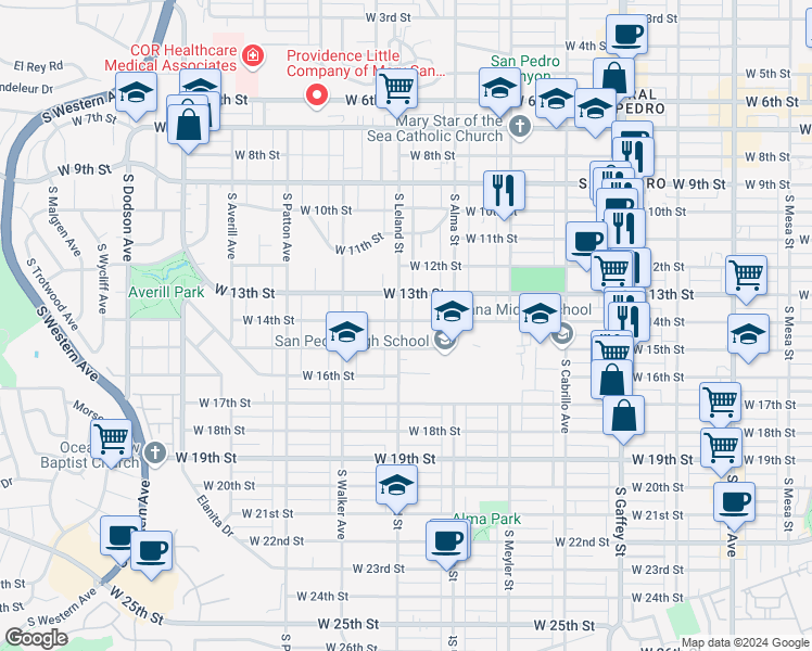 map of restaurants, bars, coffee shops, grocery stores, and more near 1095 West 14th Street in Los Angeles