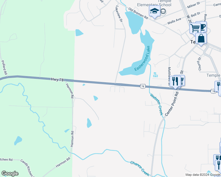 map of restaurants, bars, coffee shops, grocery stores, and more near 402 Bedrock Place in Temple