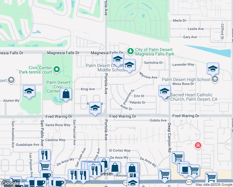map of restaurants, bars, coffee shops, grocery stores, and more near 74069 Velardo Drive in Palm Desert