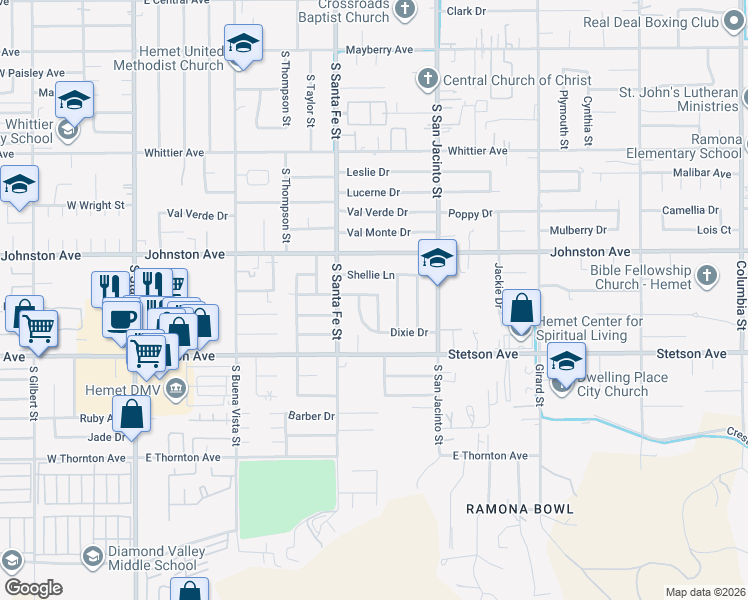 map of restaurants, bars, coffee shops, grocery stores, and more near 1021 Marion Avenue in Hemet