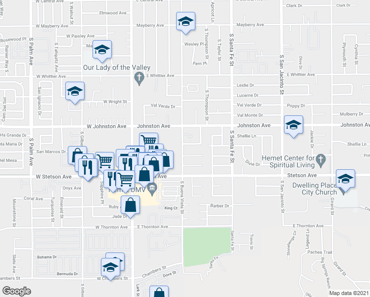 map of restaurants, bars, coffee shops, grocery stores, and more near 507 Montecito Avenue in Hemet