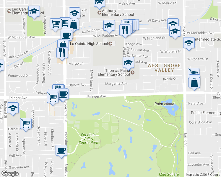 map of restaurants, bars, coffee shops, grocery stores, and more near 10377 Morning Glory Avenue in Fountain Valley