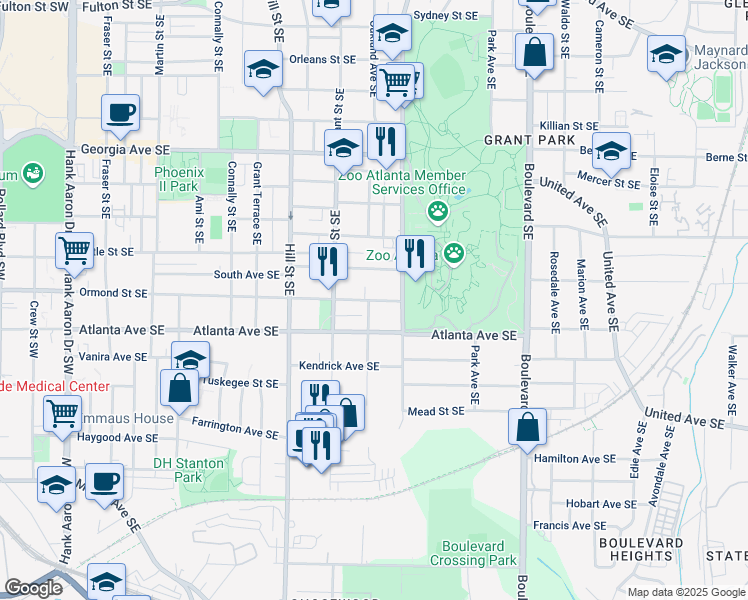 map of restaurants, bars, coffee shops, grocery stores, and more near 386 Ormond Street Southeast in Atlanta