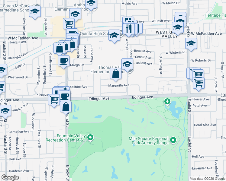 map of restaurants, bars, coffee shops, grocery stores, and more near 10377 Morning Glory Avenue in Fountain Valley