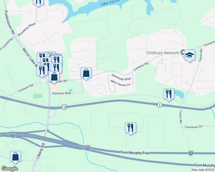 map of restaurants, bars, coffee shops, grocery stores, and more near 2049 Dartmoth Way in Villa Rica