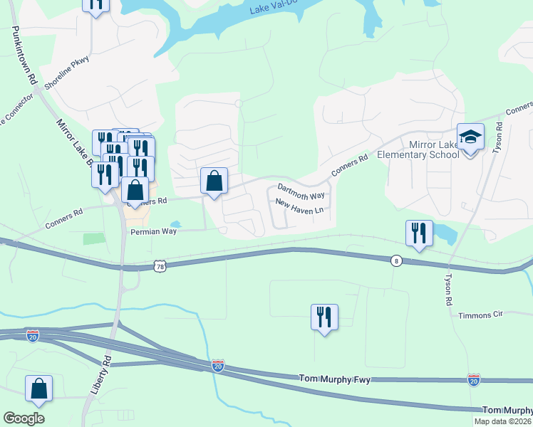 map of restaurants, bars, coffee shops, grocery stores, and more near 2049 Dartmoth Way in Villa Rica
