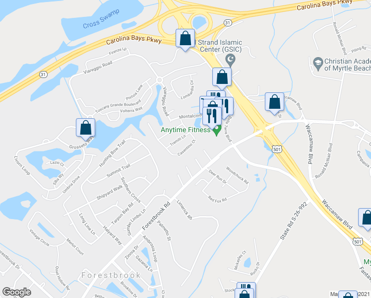 map of restaurants, bars, coffee shops, grocery stores, and more near 5219 Casentino Court in Myrtle Beach