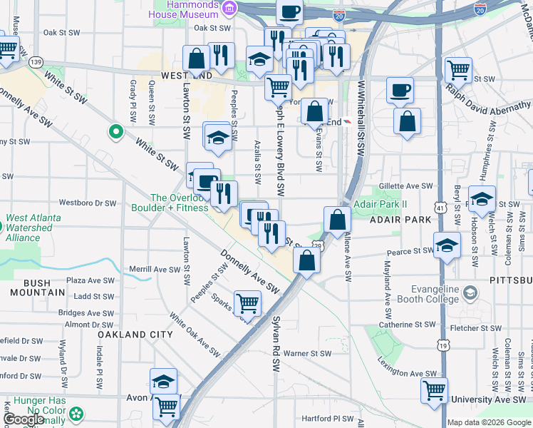 map of restaurants, bars, coffee shops, grocery stores, and more near 943 Rose Circle Southwest in Atlanta
