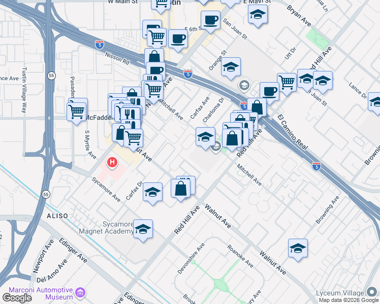 map of restaurants, bars, coffee shops, grocery stores, and more near 14352 Kipling Lane in Tustin