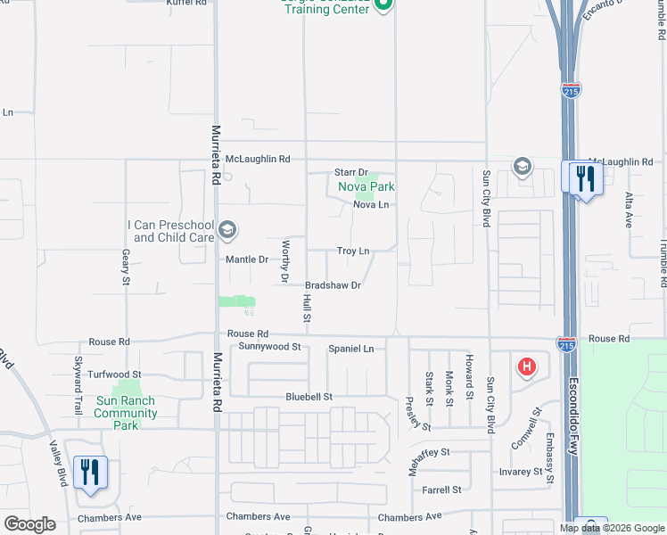 map of restaurants, bars, coffee shops, grocery stores, and more near 26798 Wilkes Drive in Menifee