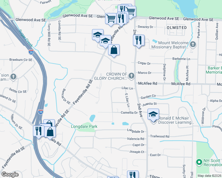 map of restaurants, bars, coffee shops, grocery stores, and more near 2039 Lilac Lane in Decatur