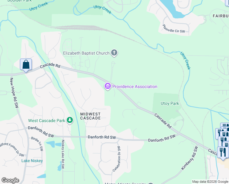 map of restaurants, bars, coffee shops, grocery stores, and more near 4215 Cascade Road in Atlanta