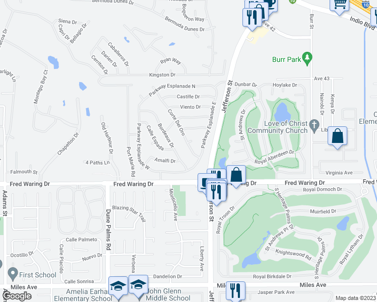 map of restaurants, bars, coffee shops, grocery stores, and more near 43659 Corte Del Oro in La Quinta
