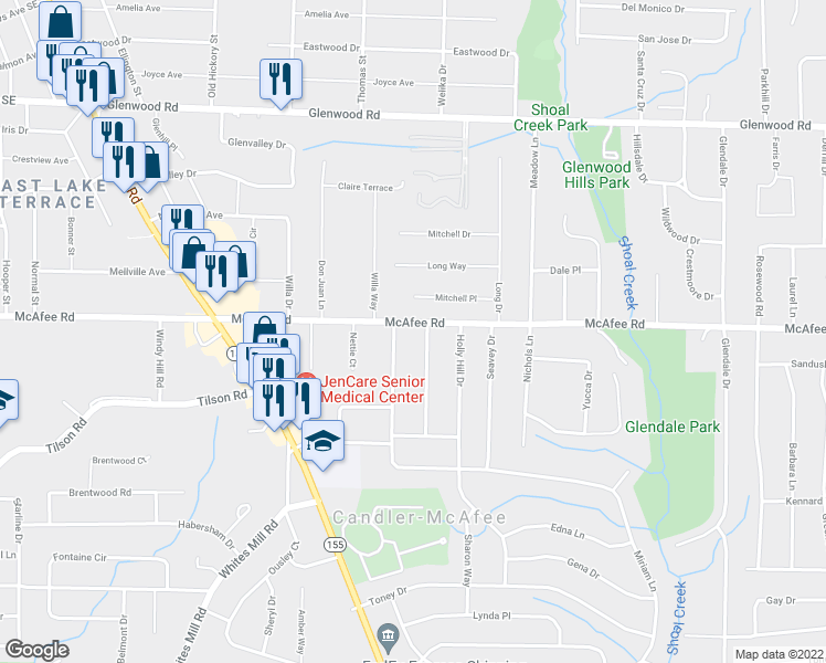 map of restaurants, bars, coffee shops, grocery stores, and more near 2797 McAfee Road in Decatur