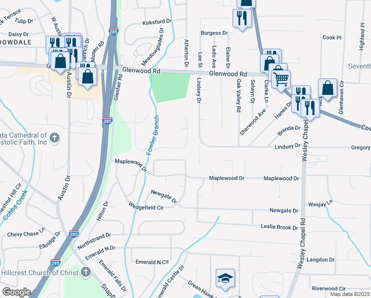 map of restaurants, bars, coffee shops, grocery stores, and more near 2111 Glenwood Downs Drive in Decatur