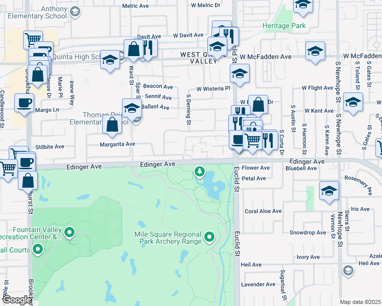 map of restaurants, bars, coffee shops, grocery stores, and more near 10772 Cobalt Court in Fountain Valley