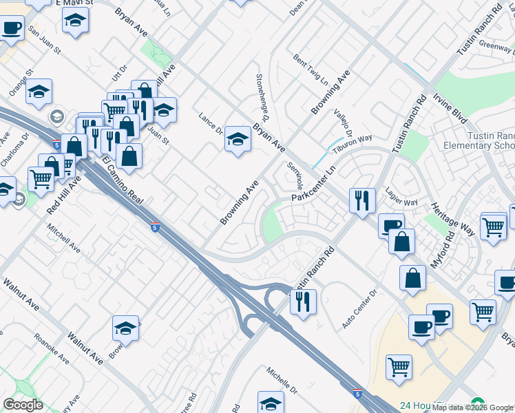 map of restaurants, bars, coffee shops, grocery stores, and more near 13719 Comanche in Tustin