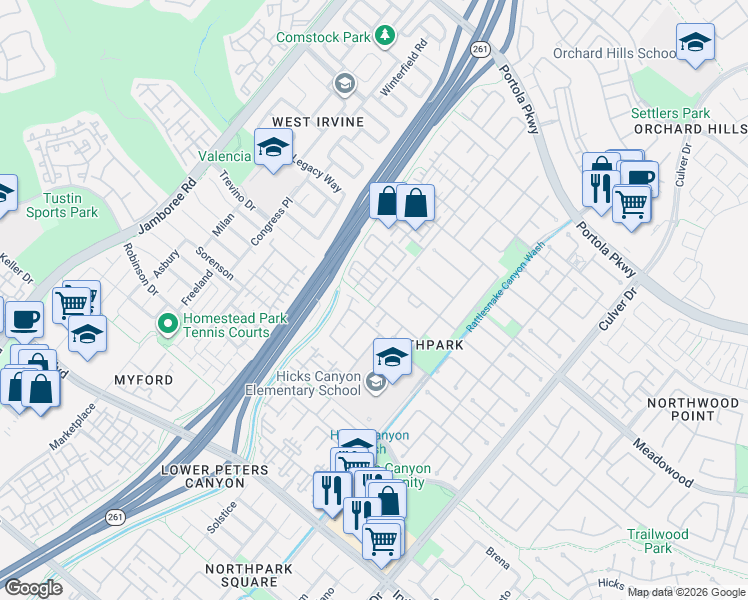 map of restaurants, bars, coffee shops, grocery stores, and more near 22 Apple Valley in Irvine