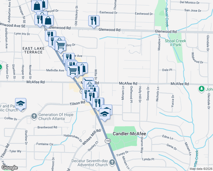 map of restaurants, bars, coffee shops, grocery stores, and more near in Candler-McAfee