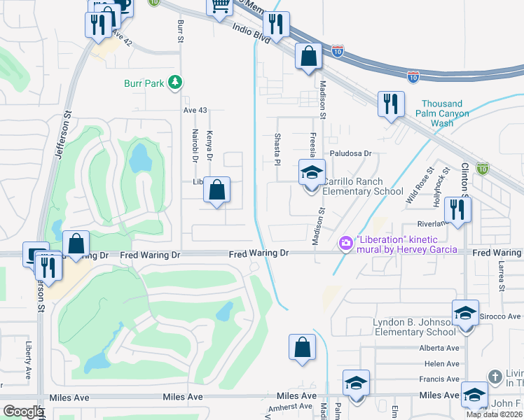 map of restaurants, bars, coffee shops, grocery stores, and more near 43746 Sunkist Court in Indio