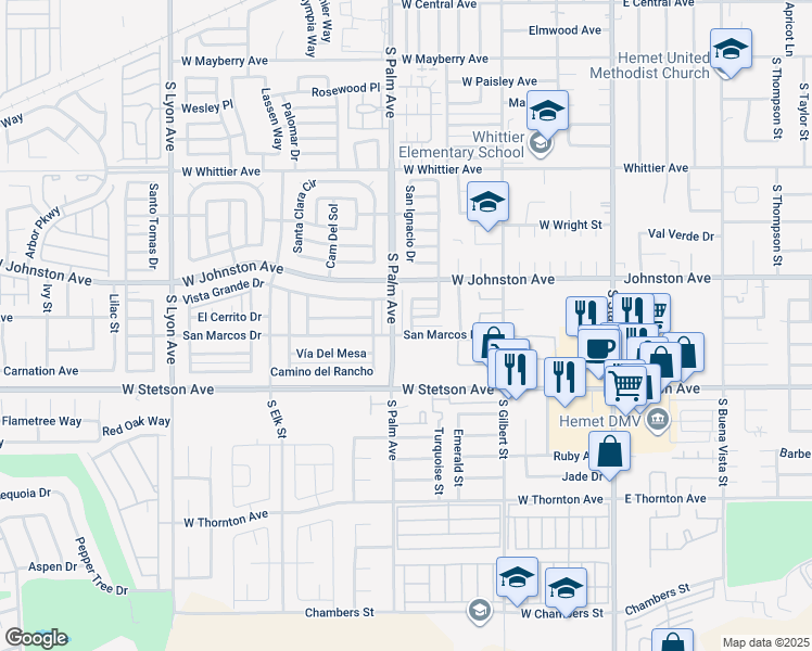 map of restaurants, bars, coffee shops, grocery stores, and more near 951 Vallejo Drive in Hemet