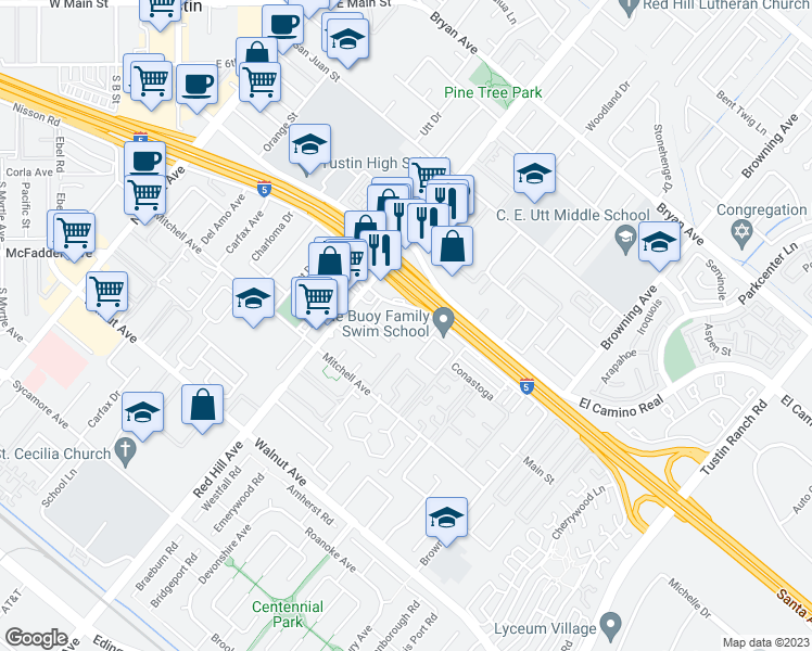 map of restaurants, bars, coffee shops, grocery stores, and more near 1602 Nisson Road in Tustin
