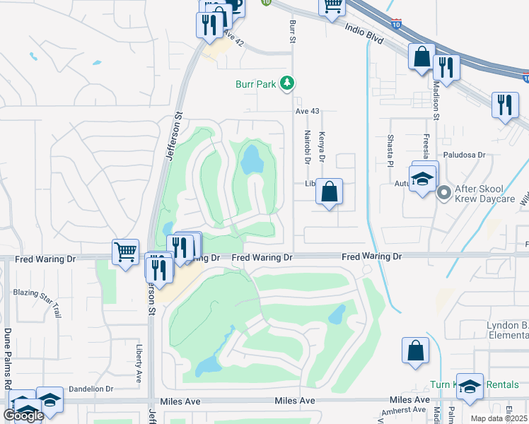 map of restaurants, bars, coffee shops, grocery stores, and more near 43686 Old Troon Court in Indio