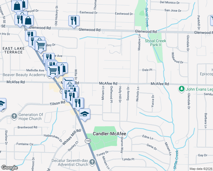 map of restaurants, bars, coffee shops, grocery stores, and more near 2772 McAfee Road in Decatur