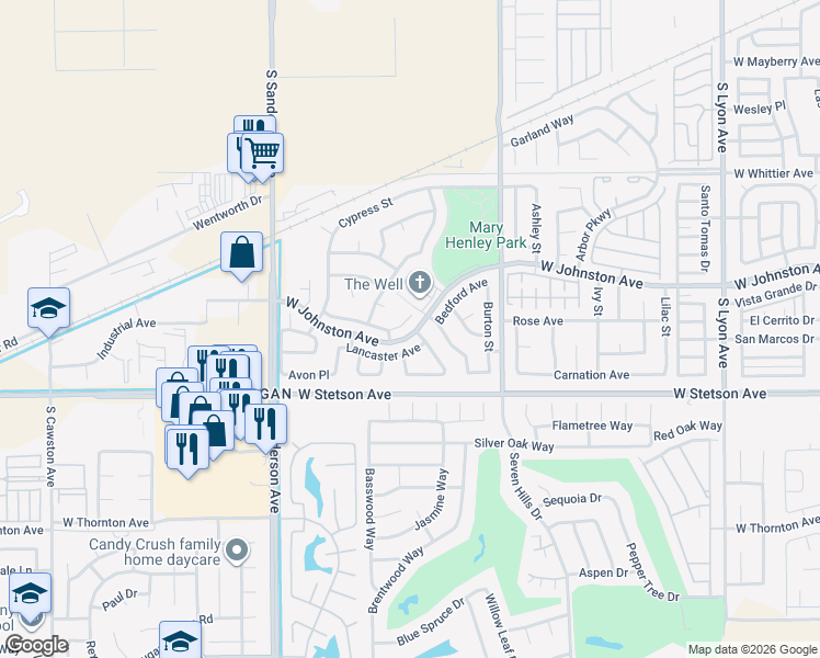 map of restaurants, bars, coffee shops, grocery stores, and more near 2755 Cambridge Avenue in Hemet