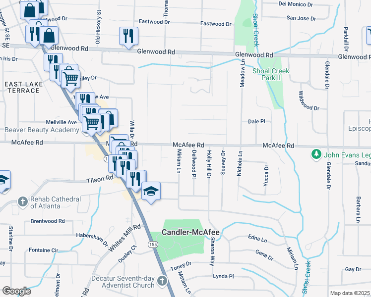 map of restaurants, bars, coffee shops, grocery stores, and more near 2791 McAfee Road in Decatur