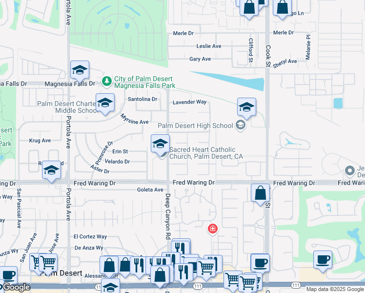 map of restaurants, bars, coffee shops, grocery stores, and more near 33 Vía Amormio in Palm Desert