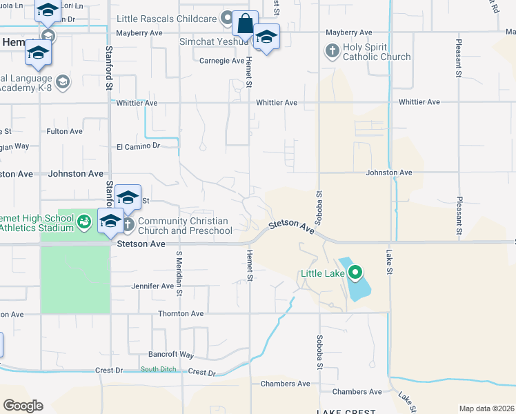 map of restaurants, bars, coffee shops, grocery stores, and more near 26820 Hemet Street in Hemet