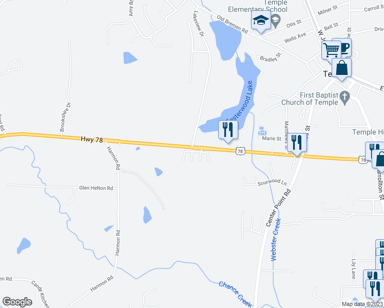 map of restaurants, bars, coffee shops, grocery stores, and more near 305 Kayla Court in Temple