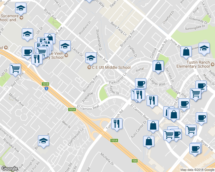 map of restaurants, bars, coffee shops, grocery stores, and more near 13615 Almond Street in Tustin