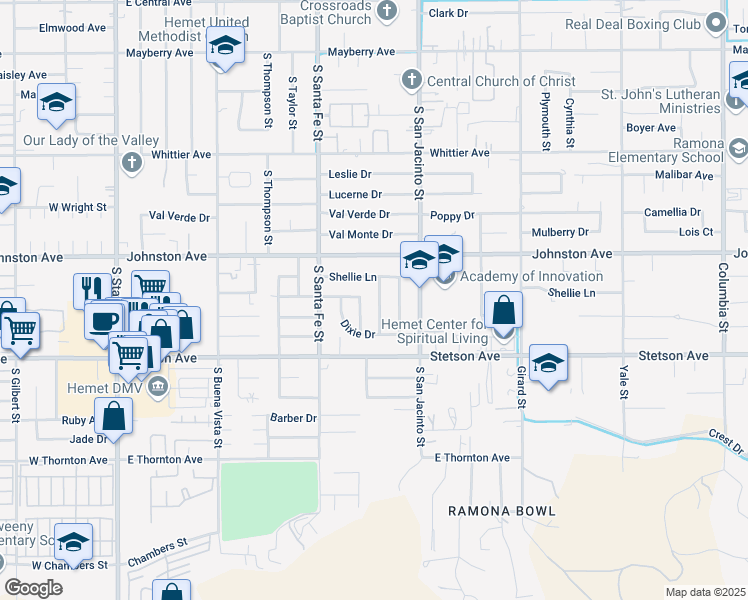 map of restaurants, bars, coffee shops, grocery stores, and more near 945 Marlyce Lane in Hemet