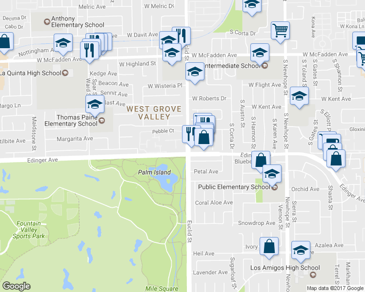 map of restaurants, bars, coffee shops, grocery stores, and more near 15959 Rhodolite Court in Fountain Valley