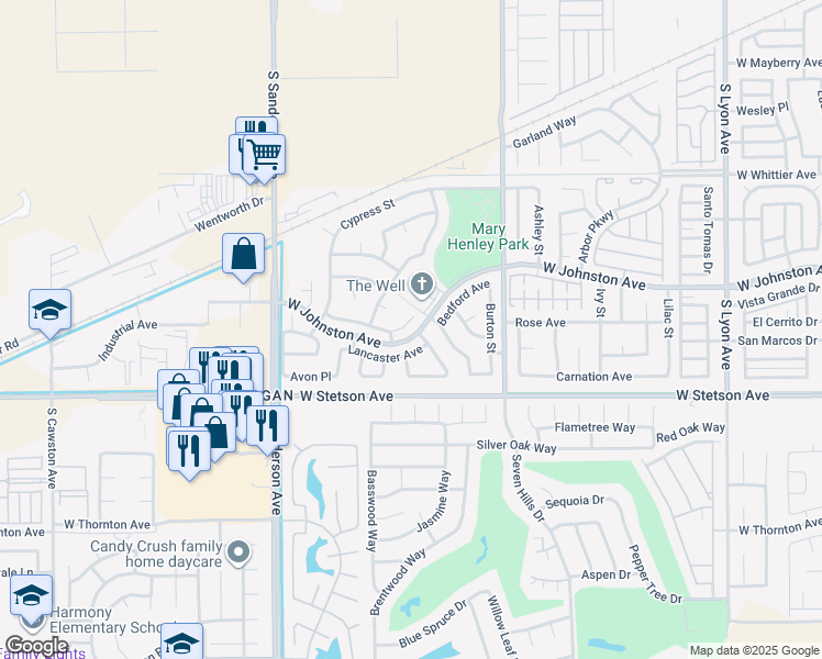 map of restaurants, bars, coffee shops, grocery stores, and more near 2755 Cambridge Avenue in Hemet