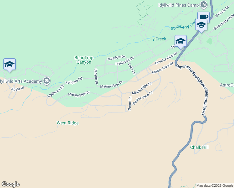 map of restaurants, bars, coffee shops, grocery stores, and more near 53290 Middleridge Drive in Idyllwild-Pine Cove
